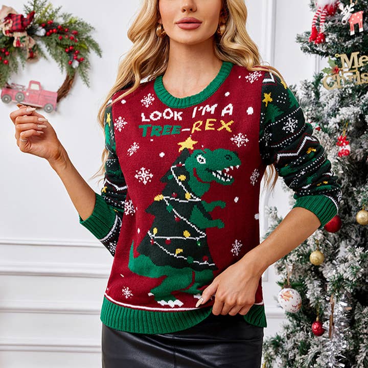 CHRISTMAS DINOSAUR CHRISTMAS TREE JUMPER for wholesale by Lily Clothing