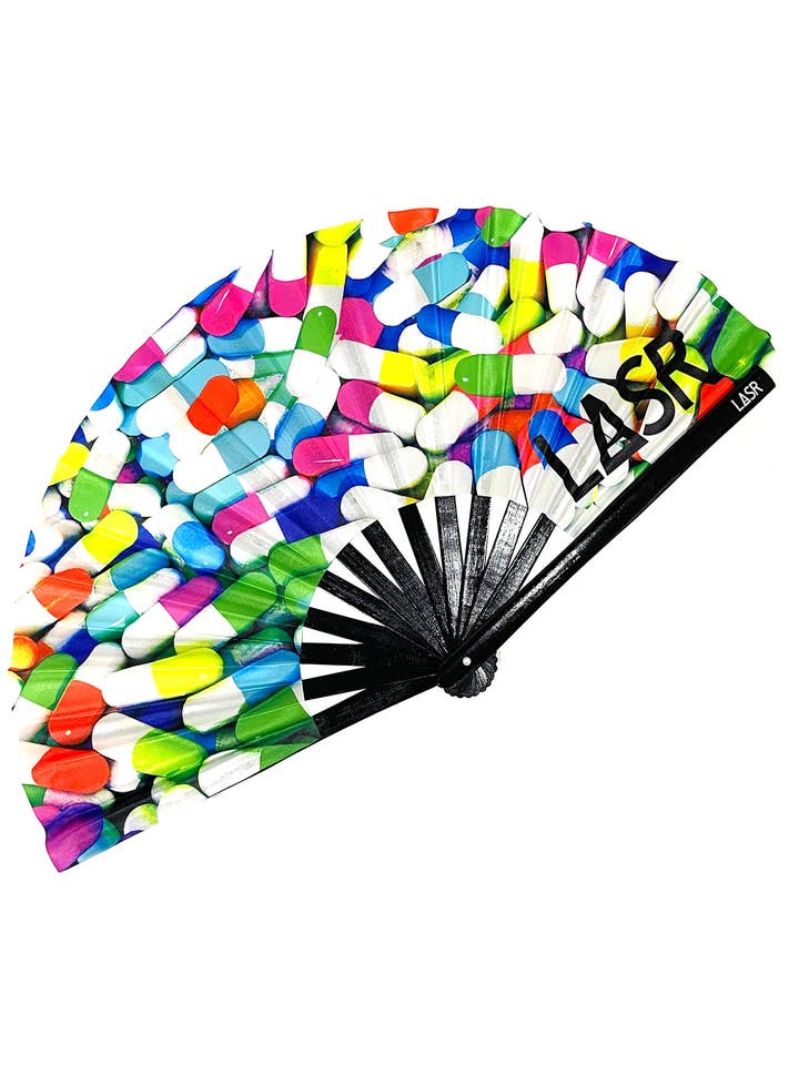 Happy Pills UV Reactive Rave Fan for wholesale by LASR