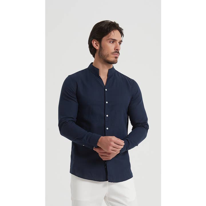 Zuiver linnen overhemd met tulpkraag - Marineblauw voor wholesale door Yves Enzo