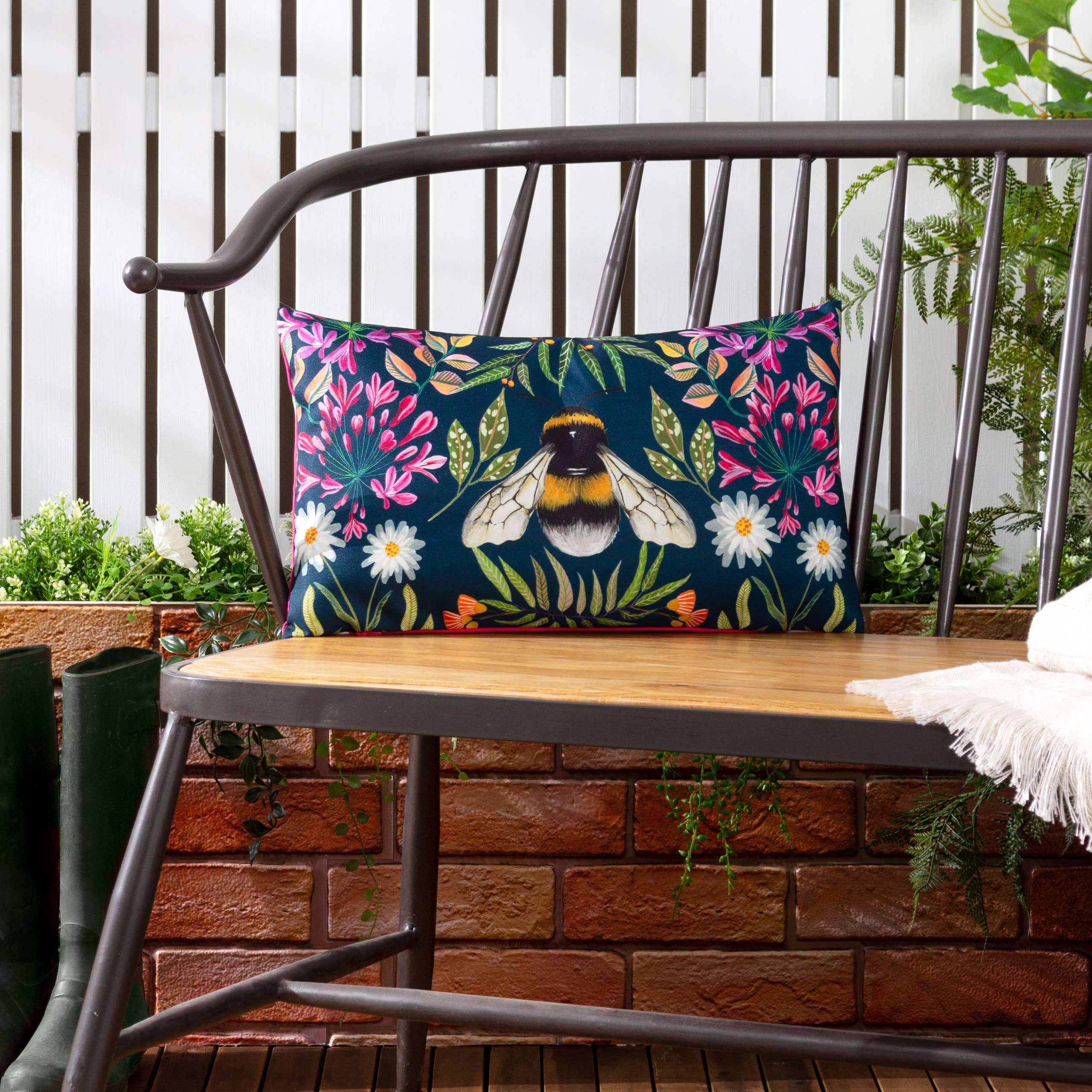 House of Bloom Zinnia Bee Rectangular Outdoor Cushion Navy for wholesale on Faire