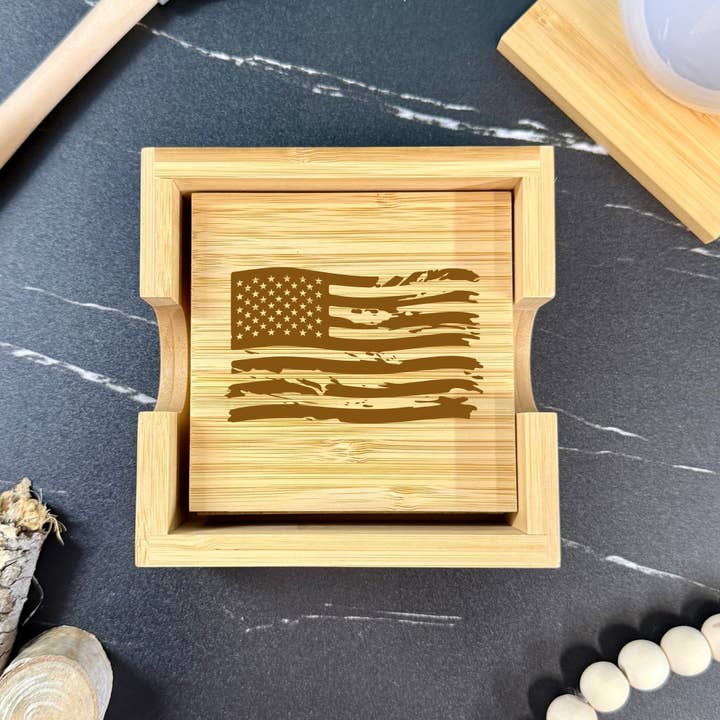 American Flag Bamboo Coaster Set - 4 Coasters + Holder for wholesale by Mermaid of Hilton Head