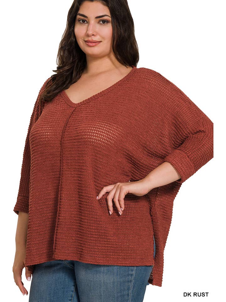 BLACK  ",,..PLUS SIZE 3/4 SLEEVE V-NECK HI-LOW HEM JACQUARD SW for wholesale on Faire12