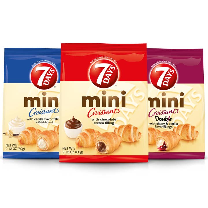 Pochettes Mini Croissants, Pack Variété 3 Saveurs (60g, Pack de 15 ou 30) pour la vente par 7days Snacks