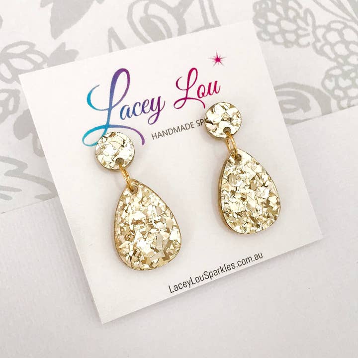 Small Teardrop Dangle - Luxe Gold Sparkle Acrylic Earrings for wholesale by Lacey Lou Sparkles