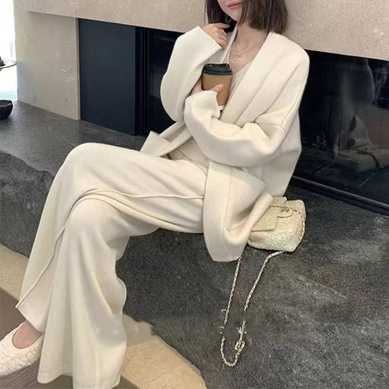 Marayn - Wholesale Top & Pant Set (NOT Loungewear) - Women's - Luxury AutumnWinter Knit Set Chic Sweater VNeck Wide Pants8