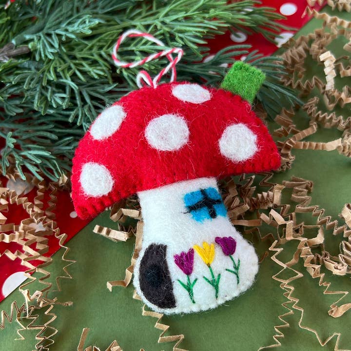 Mushroom House Felt Wool Christmas Ornament for wholesale by Ornaments 4 Orphans