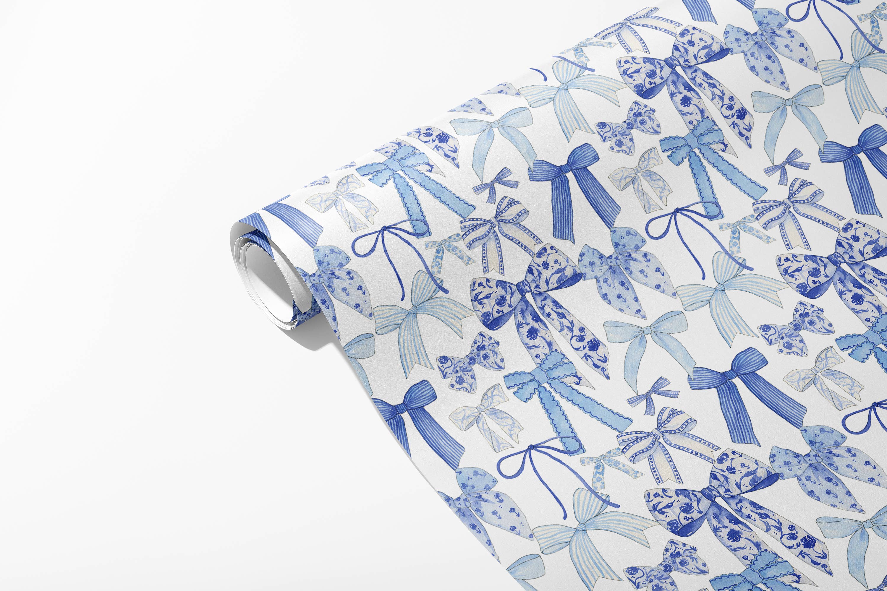 KelseyMDesigns - Wholesale Wrapping Paper Roll - Blue Bow, Chinoiserie Bow Wrapping Paper - 3 Sheet Roll1