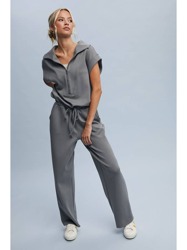 GREY SCUBA HALF ZIP JUMPSUIT WITH OVERSIZED COLLAR / WL24-9333 for wholesale on Faire