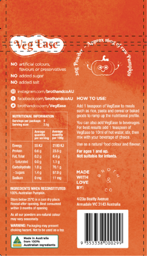 Broth And Co. - Wholesale Dried/dehydrated vegetables - VegEase – Pure Pumpkin Goodness Powder - 8 Serves1