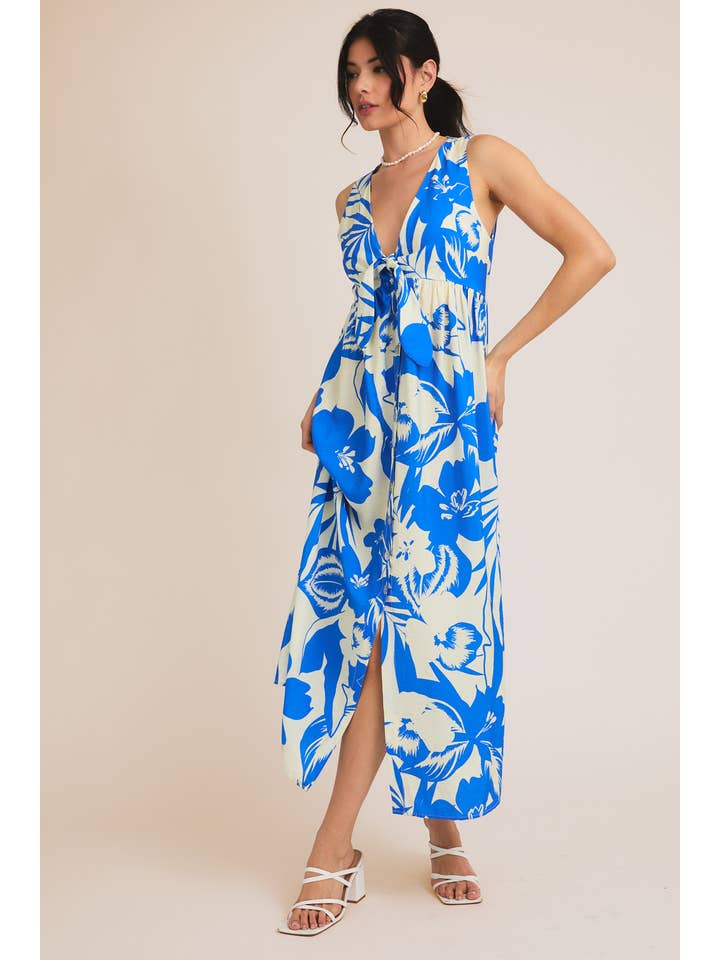 V-NECK FRONT TIE SLEEVELESS BUTTON UP TROPICAL PRINT DRESS for wholesale on Faire