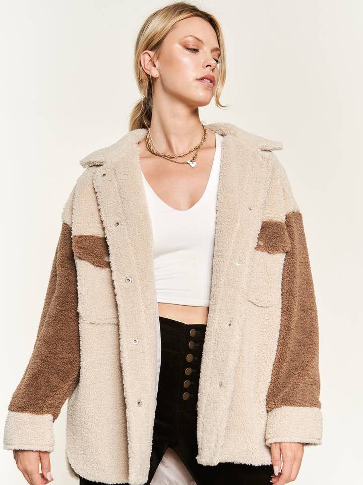 Colorblock Sherpa Jakke JJO5017 for engroshandel hos JADE BY JANE