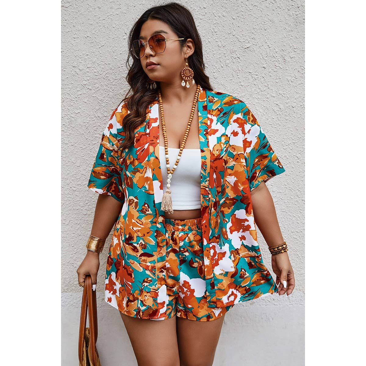 FUCHSIA Plus Size Floral Print Open Front Shorts Sets for wholesale on Faire8