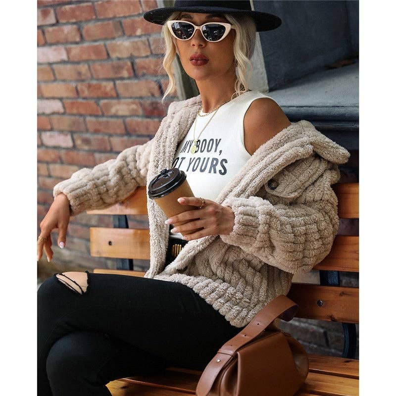 LIGHT COFFEE Double-Sided Fleece Solid Color Lapel Single Breasted Outerwear for wholesale on Faire9