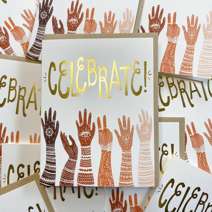 Celebrate Hands (Gold Foil) A2 Greeting Card by Emiko Rainbow for wholesale by Keller Design Co.