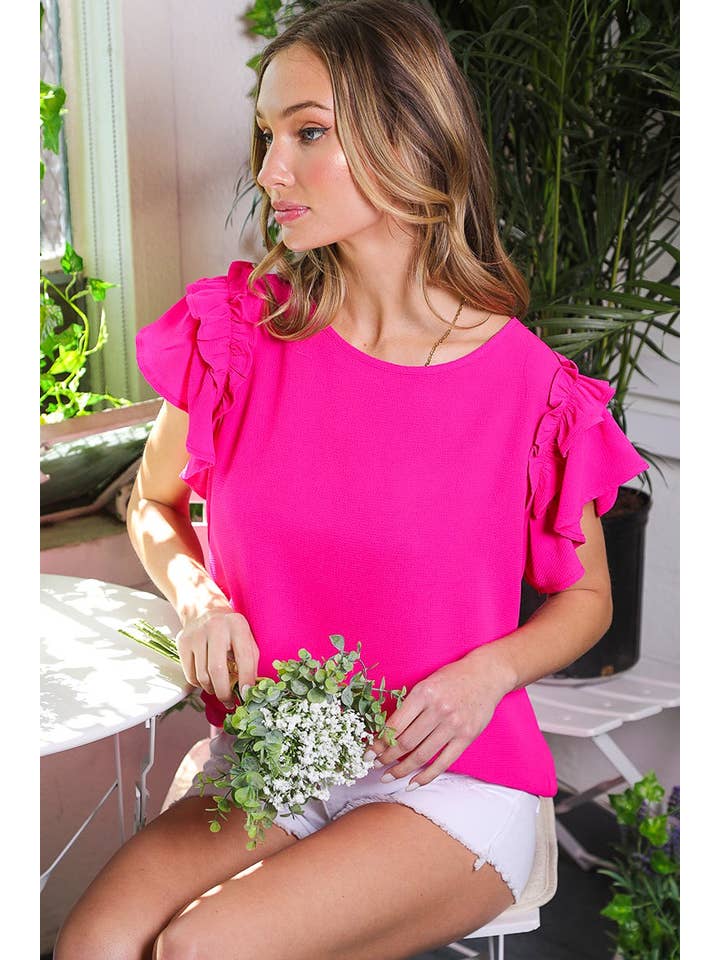 Vine & Love - Wholesale Blouse - Women's - Ruffle Detail Sleeve Round Neck Woven Blouse Top VT81609