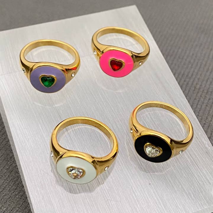 Heart-Shaped Zircon Enamel 18K Gold Plated SS Ring - FGS for wholesale by Mio Queena