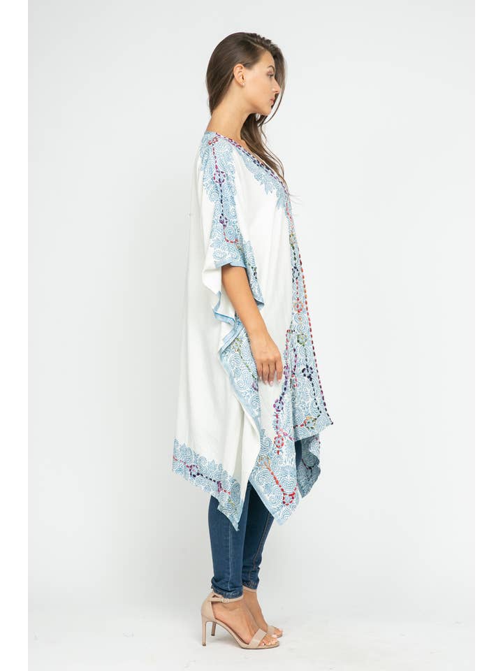 Raj Trading & Imports (USA) Inc. – wholesale Kimono – Women's – Tatiana White Blue Thick Stitch Kimono Short Sleeve