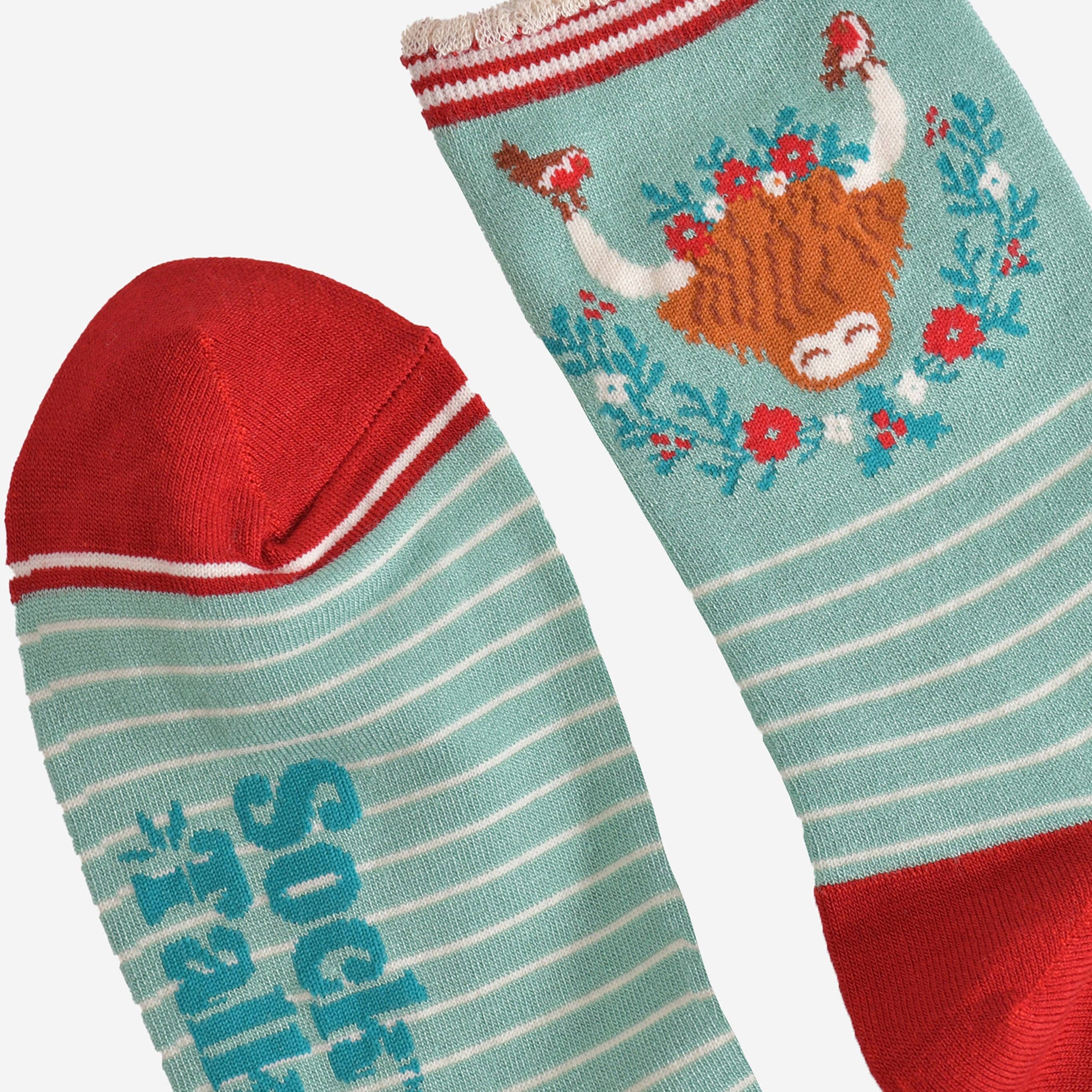 Sock Talk – wholesale Socks – Women's – Women's Bamboo Socks - Green/Red, Christmas Highland Cow12