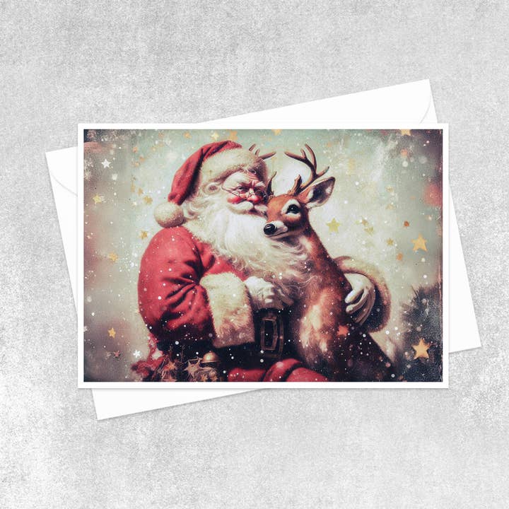 Salty Alyce - Wholesale Christmas Card - Vintage Santa and Reindeer Christmas Blank Card 181RD