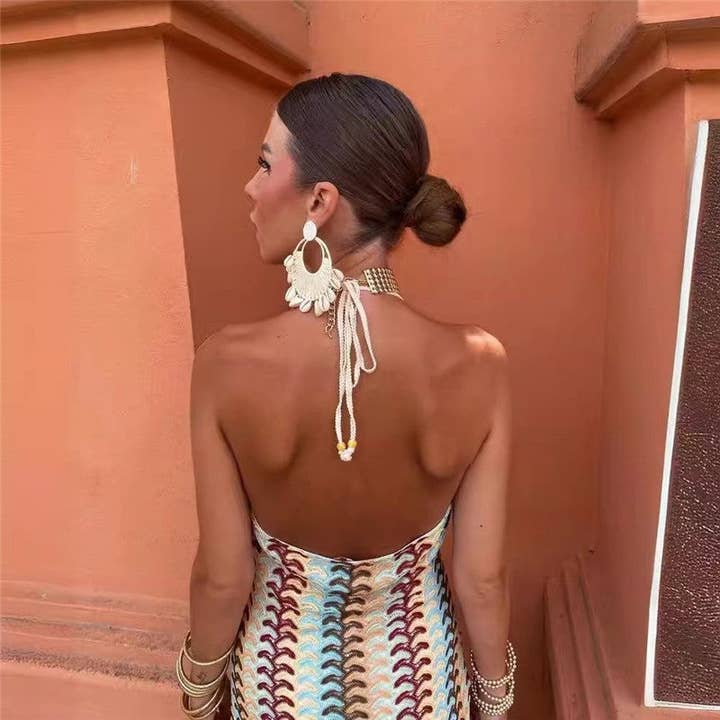 MULTICOLOR Boho Floral Crochet Halter Maxi Dress for wholesale on Faire2