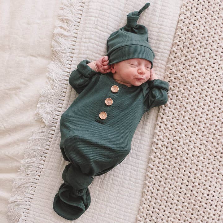 Forest Green Ribbed Bamboo Baby Knot Gown & Hat for wholesale by Caden Lane