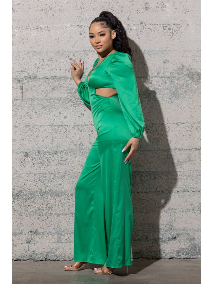 Melrose with Love - Wholesale Jumpsuit - Women's - STRETCHY SATIN JUMPSUIT WITH LONG PUFFY SLEEVES5