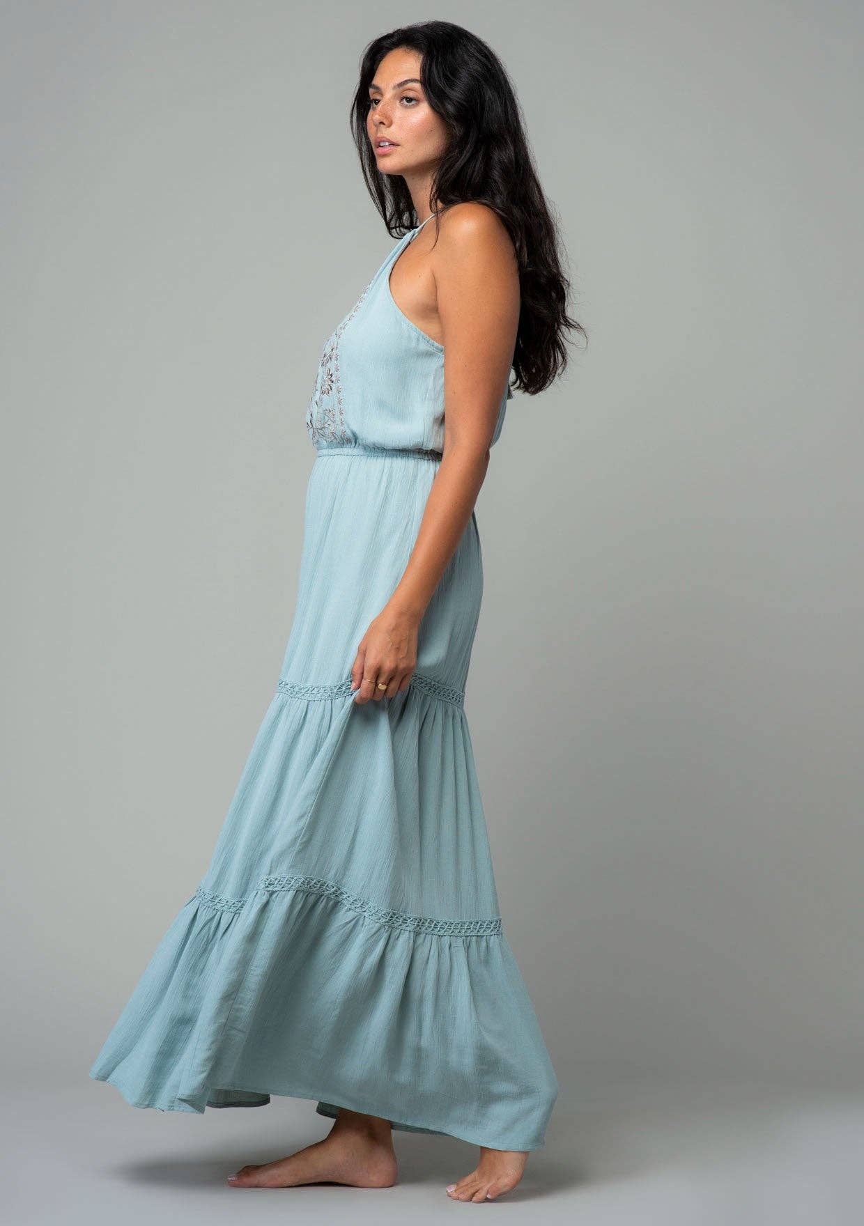Lovestitch - Wholesale Dress - Women's - Linen Blend Embroidered Halter Tiered Maxi Dress7