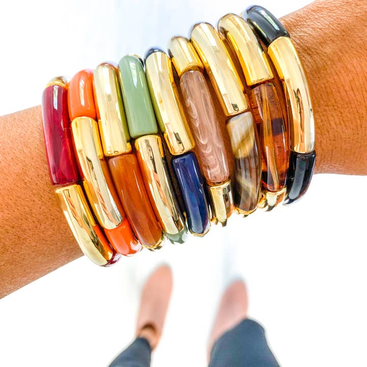 Bracelets en bambou en tube acrylique automne et or pour la vente par Savvy Bling