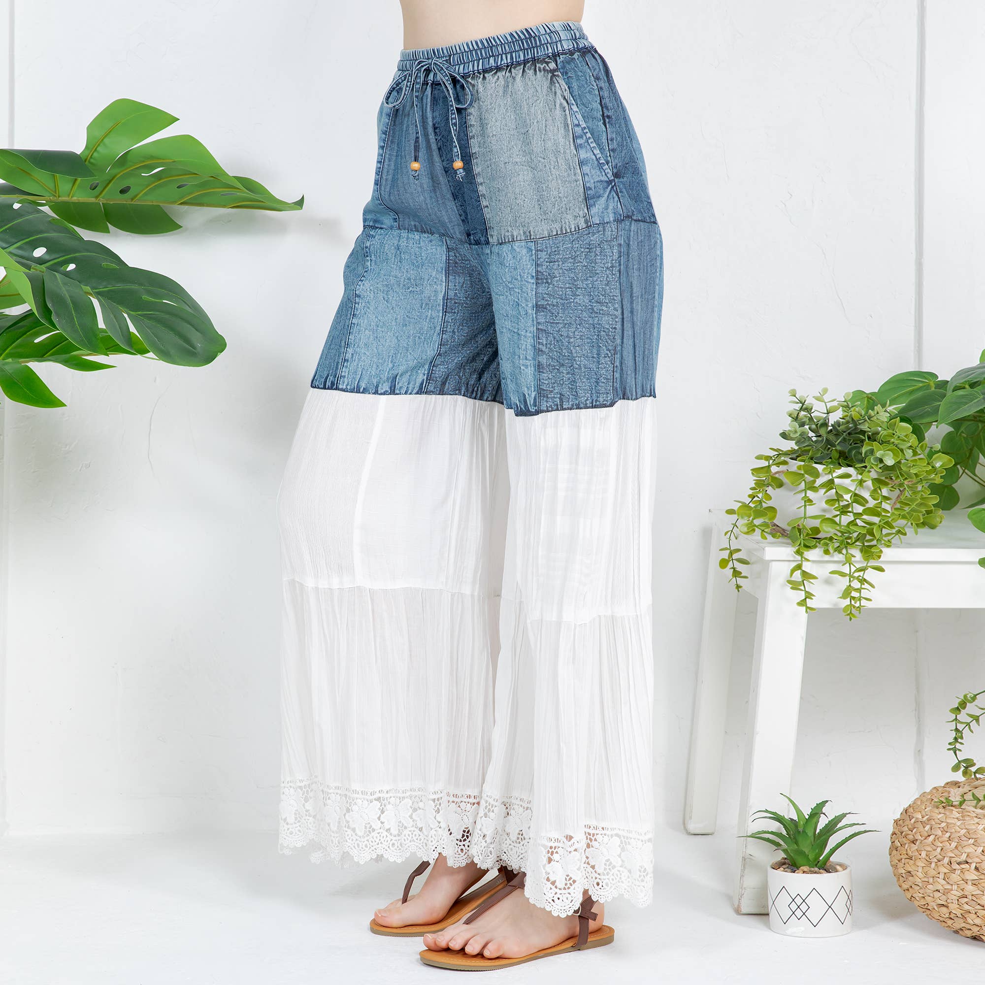 Young Threads - Vendita all'ingrosso Pantalone - Donna - Pantaloni lunghi in denim ispirati al boho con toppa solida (nuovo colore)10