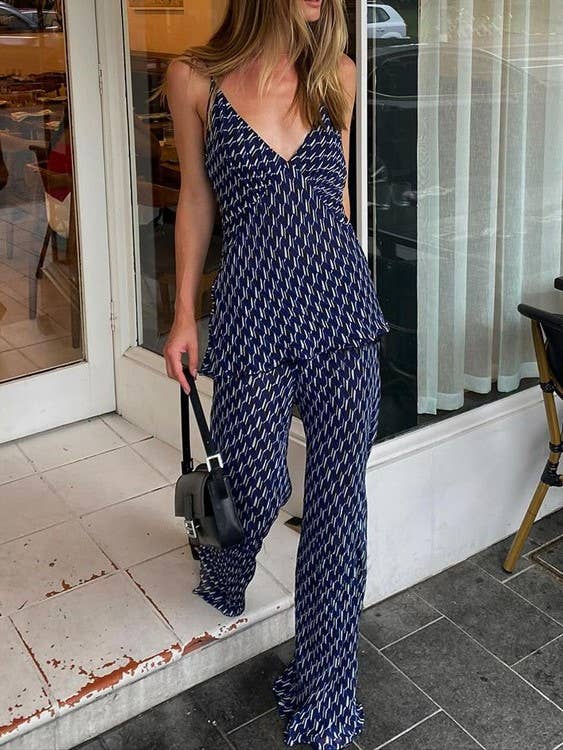 V-Neck Print Tank Top Wide-Leg Trousers Sexy Set for wholesale by Rosa Clothing