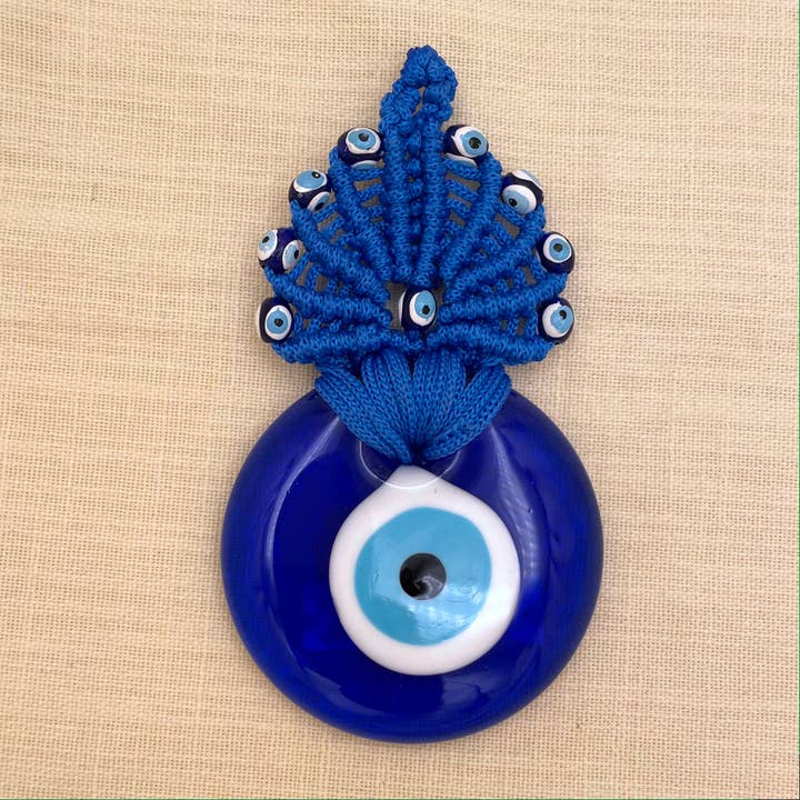 Tesoros Trading Company - Wholesale Decorative Tabletop Object - XL Glass Evil Eye w/Macrame, Turkey
