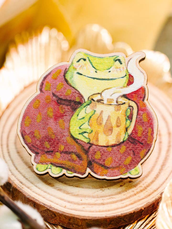 Cozy Frog - 1.5" Wooden Pin for wholesale by Cottonbook