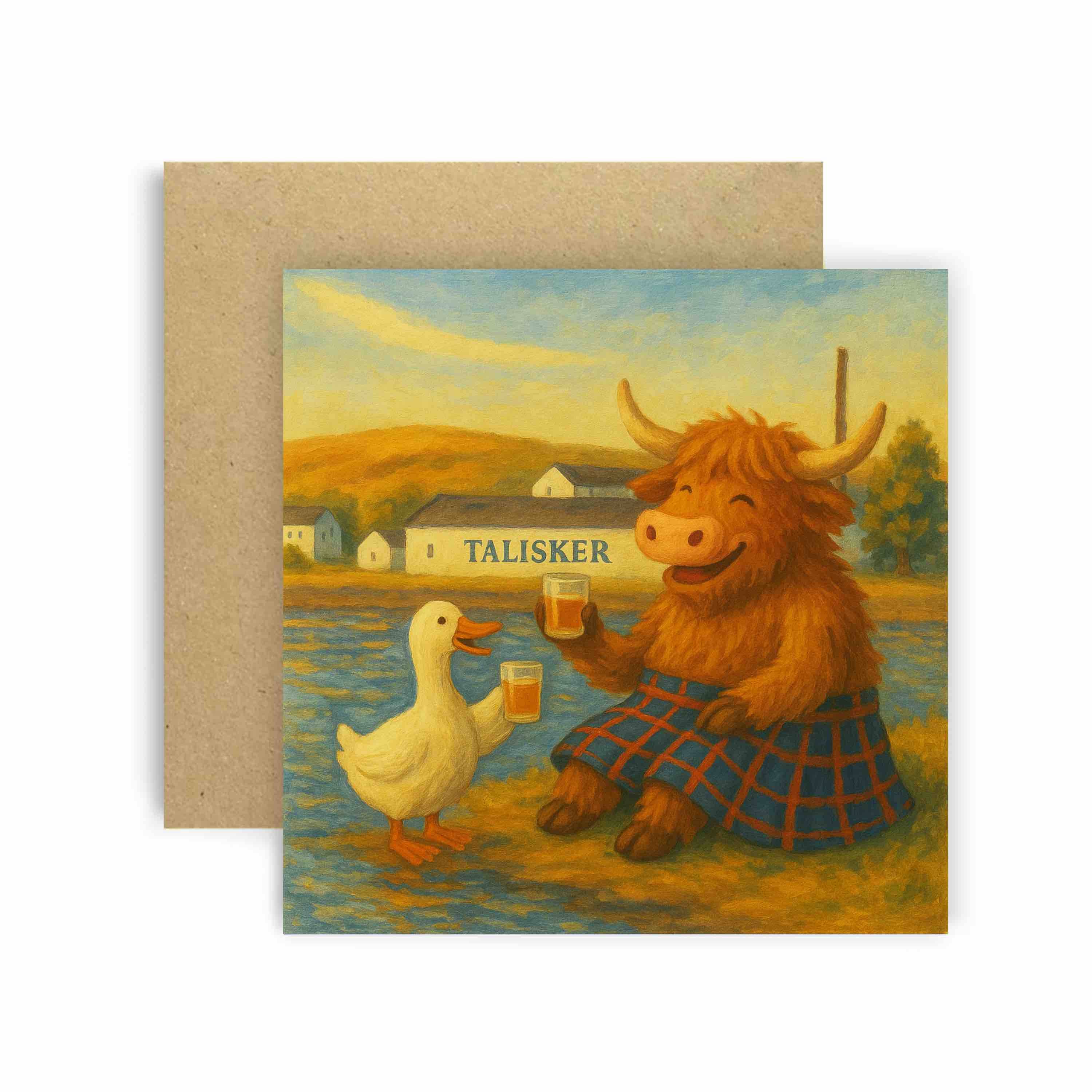 Huxters – wholesale Everyday greeting card – Talisker Cheers Highland Cow and Goose Greetings Card0