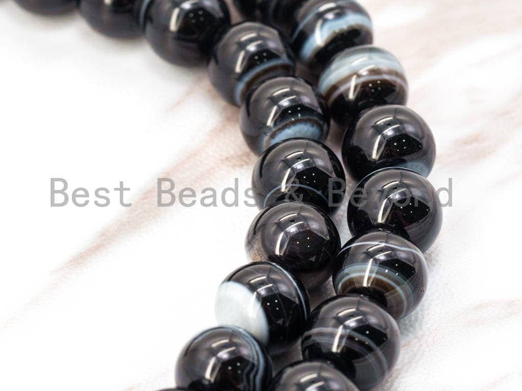 BestBeads&Beyond - Wholesale Beads - Natural Black white Banded Agate Beads, Round Smooth,SKU#Q63