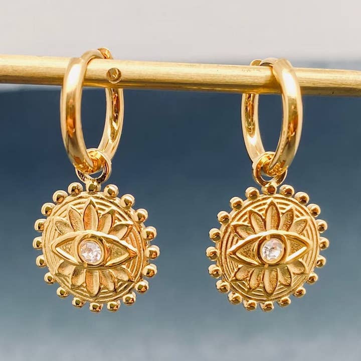 Round Evil Eyes Charm18K Gold Plated Huggie Earrings - FGS for wholesale by Mio Queena