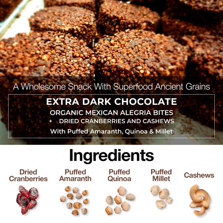 Paktli Foods - Wholesale Chocolate Covered Sweets - NEW Extra Dark Chocolate Alegria Bites+ Cranberries/Cashews5