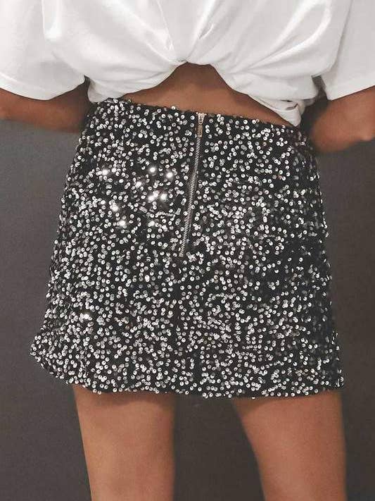 Flarix - Wholesale Skirt - Women's - Sequin High-Slit Bodycon Mini Skirt – Black6