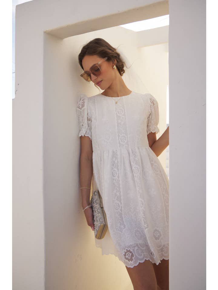 OFF WHITE FLORAL EMBROIDERY BABYDOLL MINI DRESS WITH BORDER for wholesale on Faire