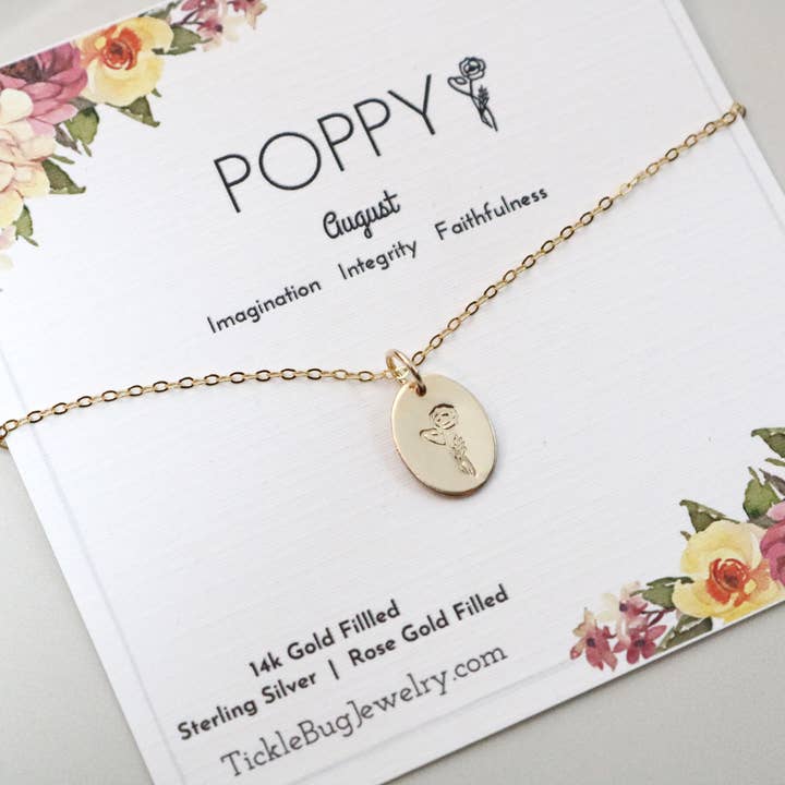 Birth flower Oval Necklace - Sterling Silver or Gold Filled for wholesale by Tickle Bug Jewelry