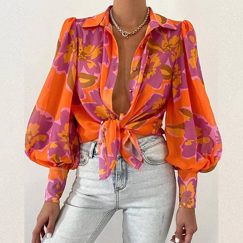 ShieldChic - Wholesale Blouse - Women's - Thin Puff Sleeves Lapel Print Blouse5