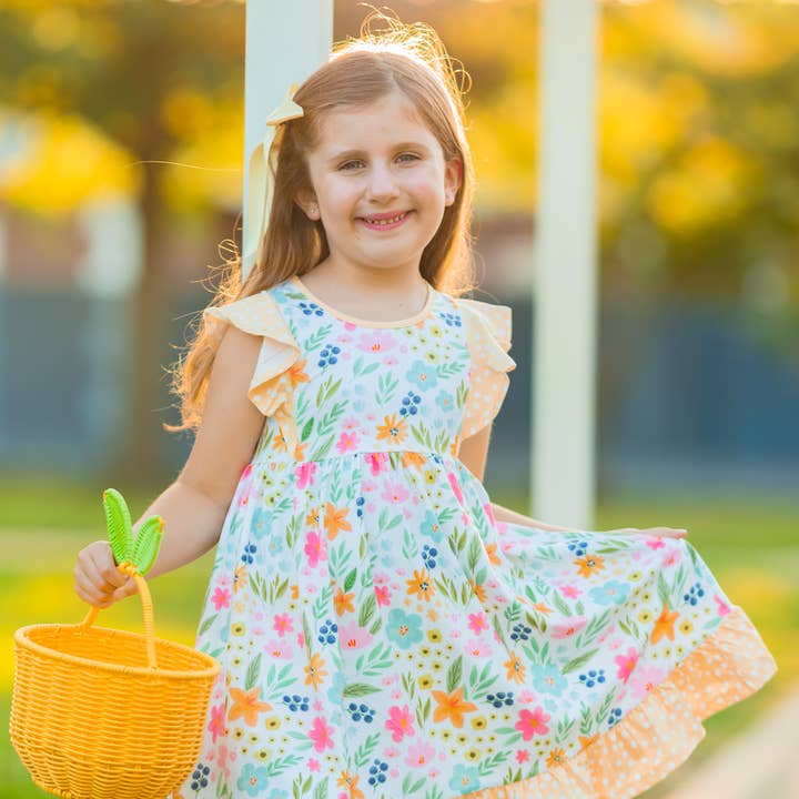Yellow Spring Flower Angel-Sleeve Dress & Dot Shorts for wholesale by Millie Loves Lily