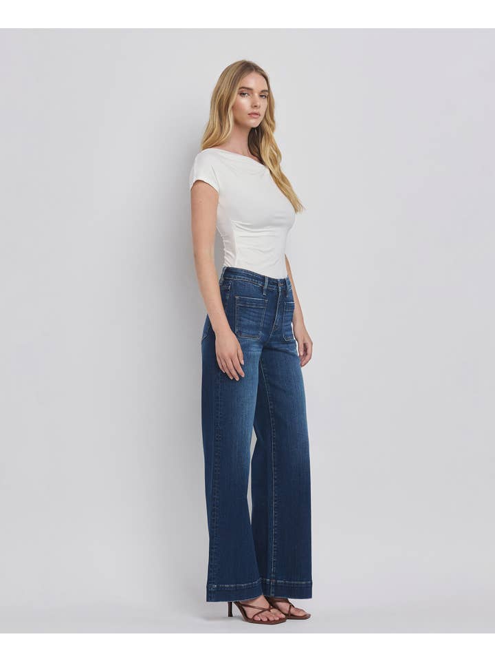 DARK DENIM HIGH RISE WIDE TROUSER JEANS F5764D for wholesale on Faire4