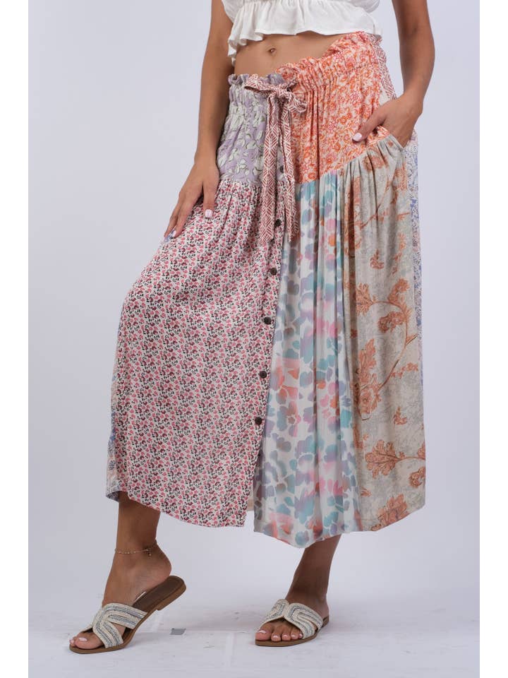 Sacred Threads - Wholesale Skirt - Women's - Rosy Mosaic Patchwork Button Skirt