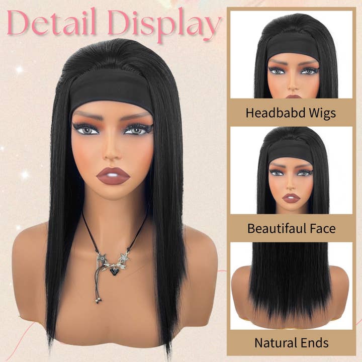 Black Straight Synthetic Headband Wig with Natural Shine Easy Fit for wholesale on Faire2