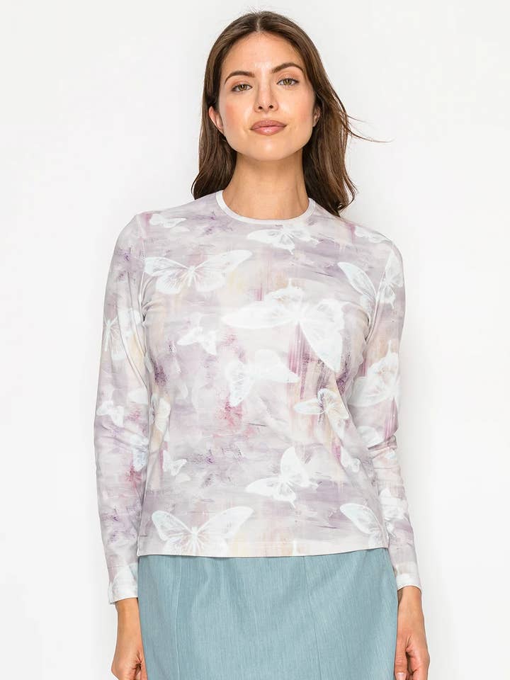 Langærmet t-shirt med sommerfugleprint i lilla for engroshandel hos Yal New York