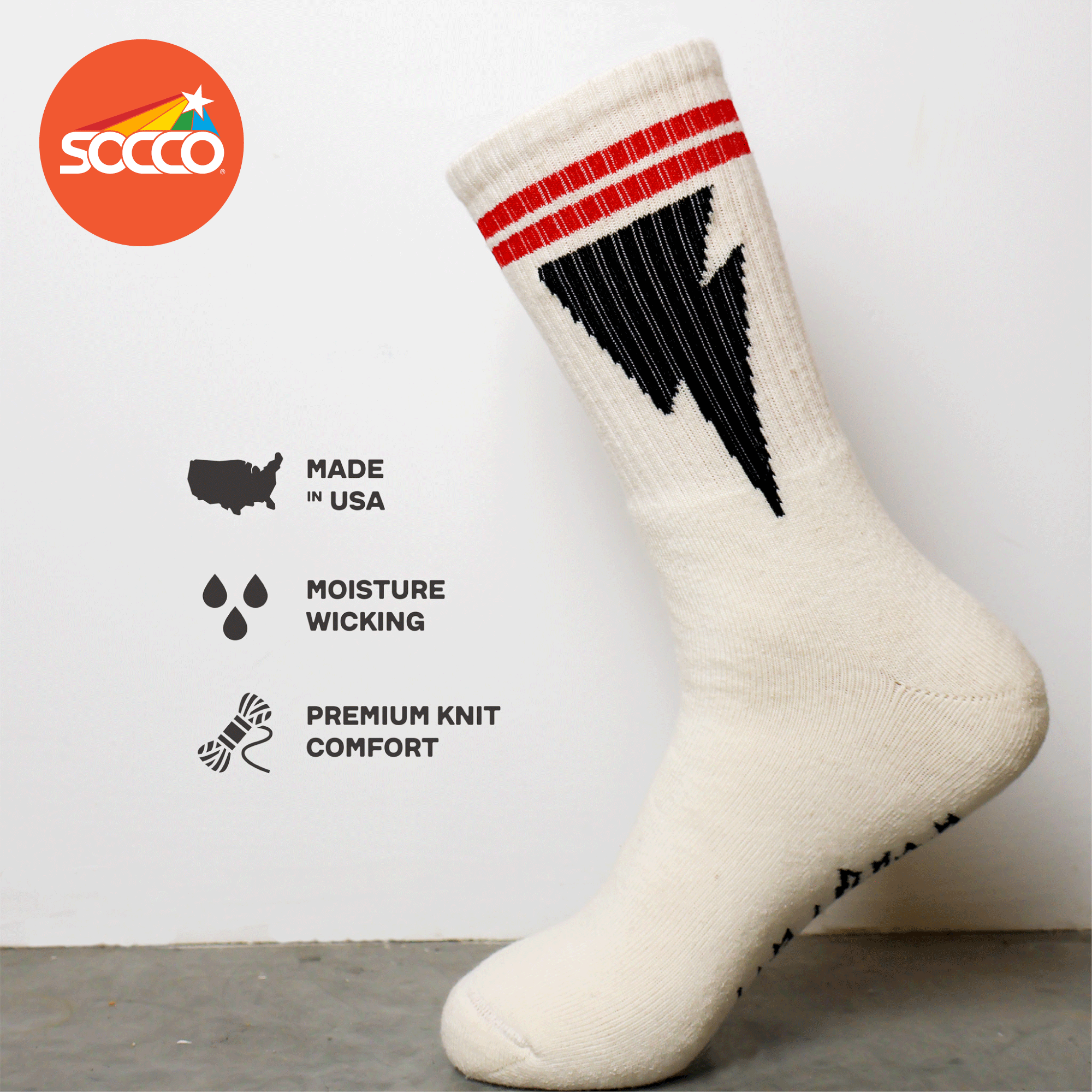 Natural SOCCO Naturals | Mike Vallely Lightning Bolt Socks | Red Stripes for wholesale on Faire4