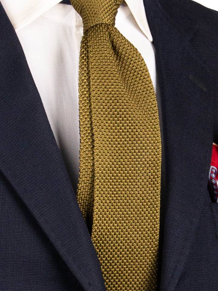 Olive Green Knitted Silk Tie with Solid Blue Interior TRI726 for wholesale by Graffeo Cravatte
