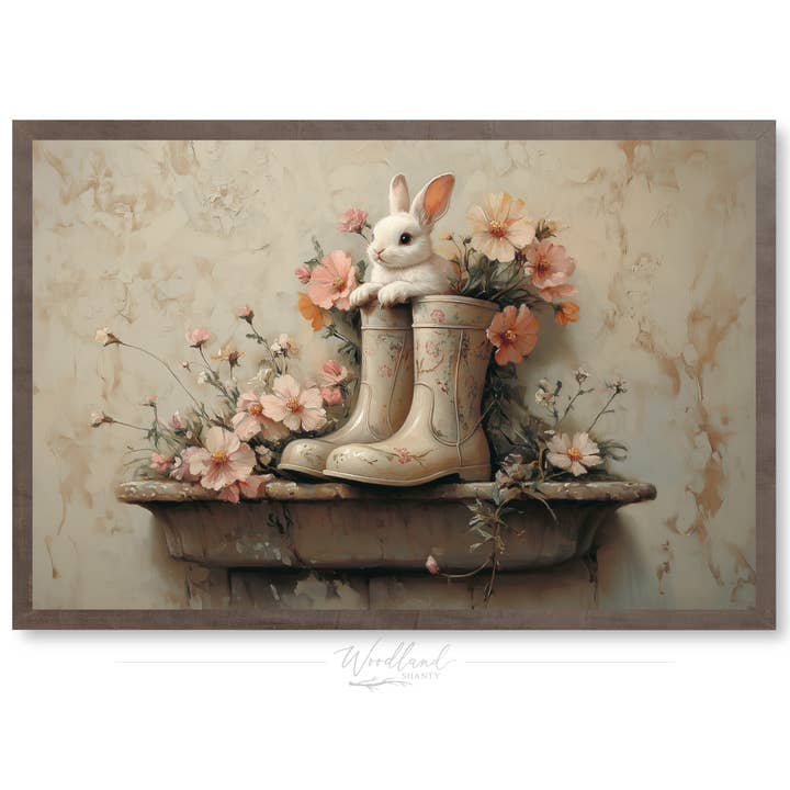 Framed Spring Bunny in Boots and Flowers Sign for wholesale by Woodland Shanty