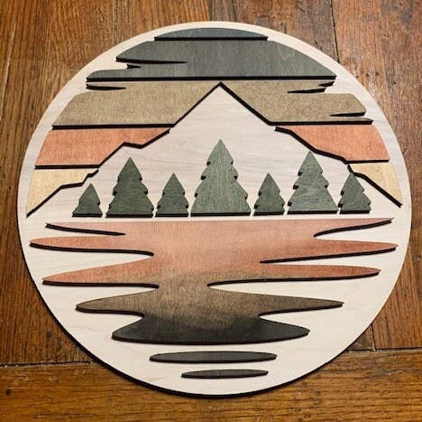 Through The Fire Design - Wholesale Sign - Rustic Mountain Sunset Round Home Decor, Sunset Picture, Woo1