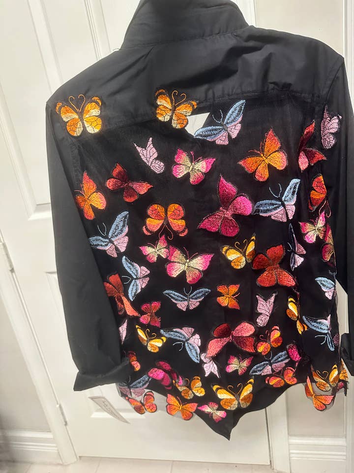 BLACK Shirt Blouse w/ COLORFUL 3-D BUTTERFLIES-WOW!!! for wholesale by Suzy T Designs